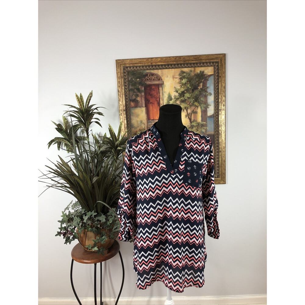 Wishful Park Womens M‎ Chevron Nautical Anchor Roll Sleeve Henley Tunic Top Navy